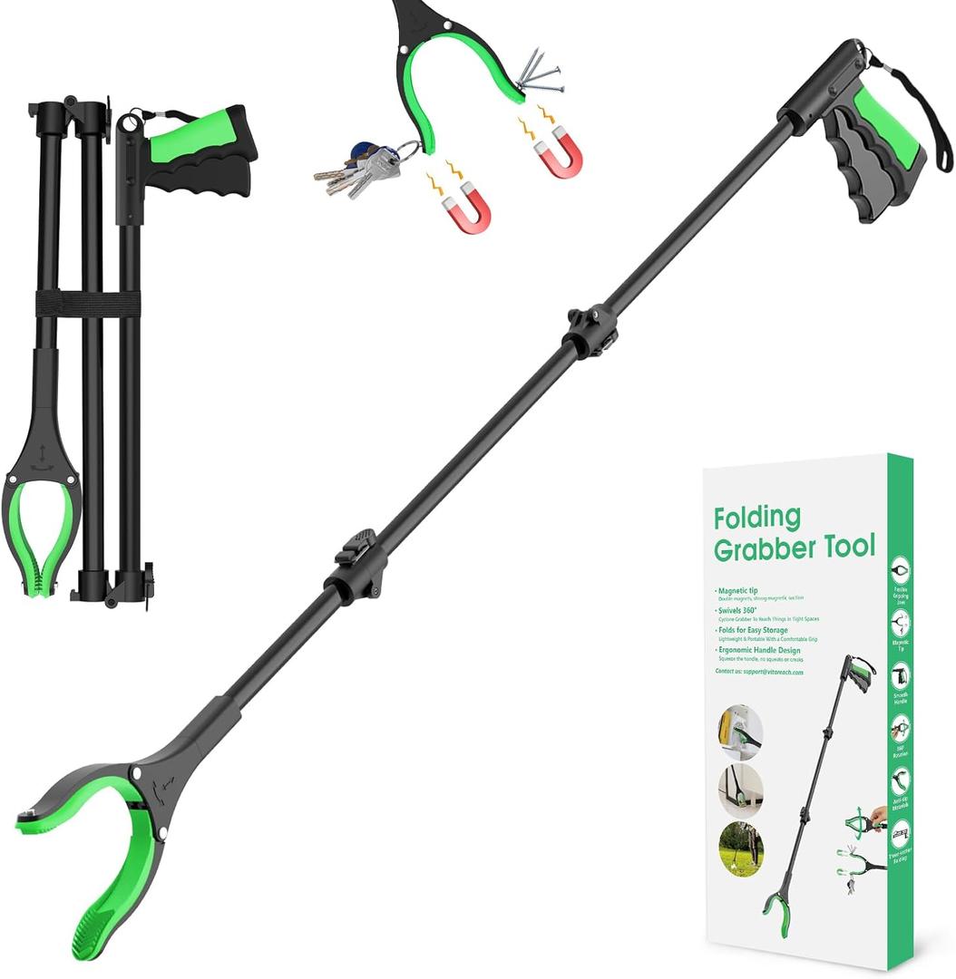 52" Extra Long Grabber Reacher Tool, Foldable Reacher Grabber Pickup Tool with Strong Magnetic & 360 Rotating Anti-Slip Jaw, Extension Picker Upper Grabber for Indoor & Outdoor
