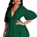 WDIRARA Women's Deep V Neck Puff Sleeve High Rise Flare Dress Elastic Waist Dress (Medium, Dark Green)