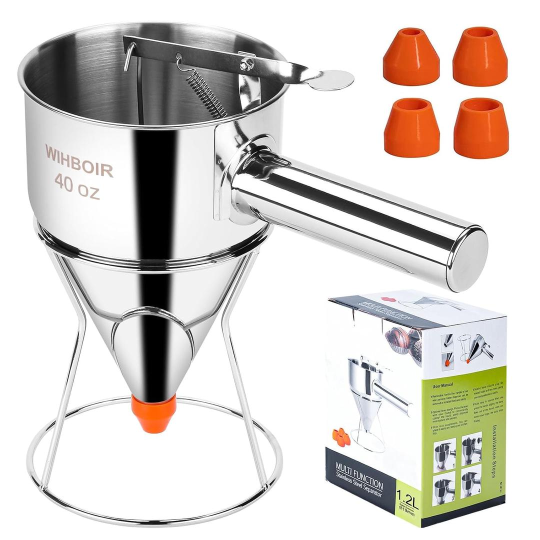 Stainless Steel Pancake Batter Dispenser with Squeeze Handle and Multi-Nozzle, for Pancakes, Cupcakes, and Baked Goods. 40 oz