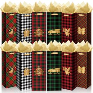 TaoBary 12 Pcs Christmas Wine Bags Christmas Wine Bottle Gift Bags with Handles Paper Gift Bag for Xmas Party Favors Holiday Festival Table Centerpieces Decors(Plaid)