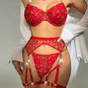 3 Piece Red Floral Embroidery Lingerie Set for Women, Sexy Underwire Bra with Garter Belt & Chain Straps, Sheer Mesh Bodystocking for Valentine's Day & Honeymoon (Red) S-M