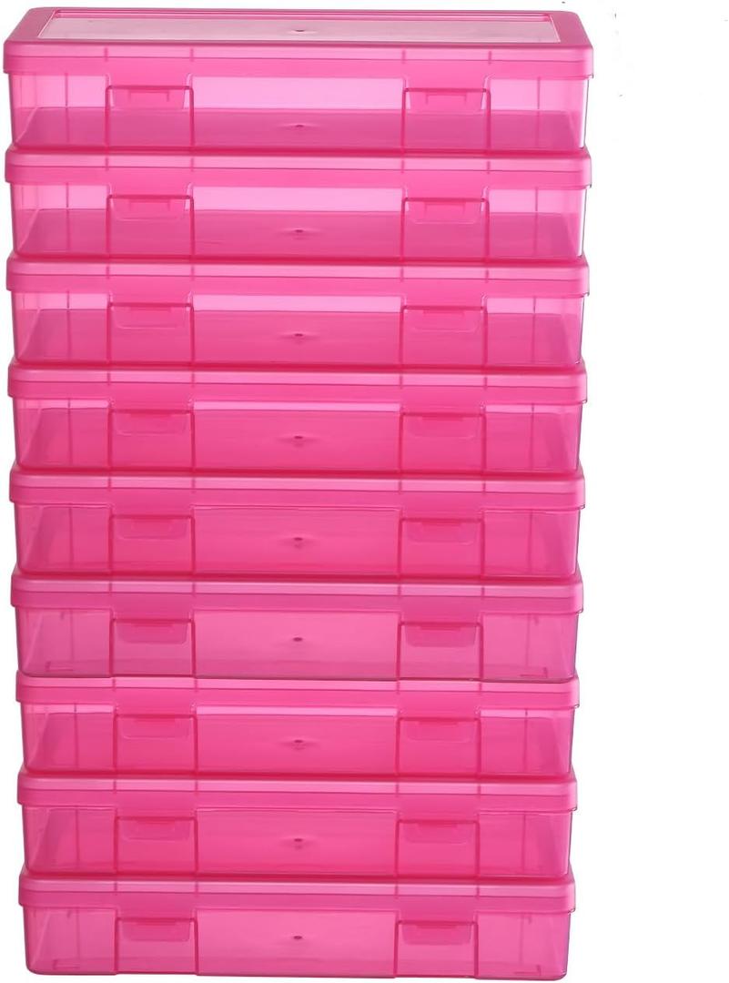 9 Pack Medium Colored Plastic Hobby Art Craft Organizer, Mini Plastic Storage Containers with Latching Lid, for Pencil Box, Lego, Crayon (Pink)