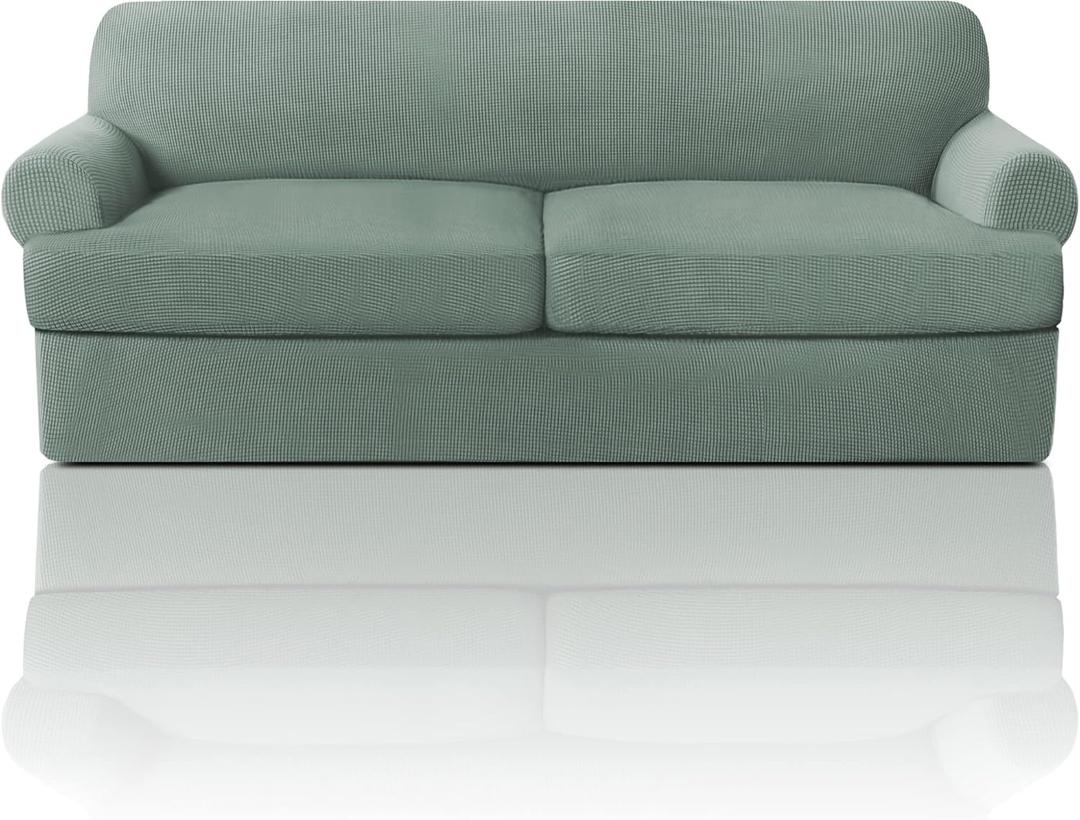 PrinceDeco T Cushion Sofa Slipcover 3 Pieces Sofa Covers for T Cushion Couch Soft Couch Covers Sofa Slip Cover Furniture Covers with 2 Individual T Shape Seat Covers Width Up to 90", Sage