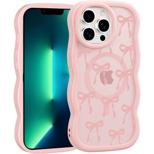 Cute Black Bow Phone Case for iPhone 14 Pro 6.1", Compatible with MagSafe, Aesthetic Ribbon Bowknot Pattern Print Case Curly Wavy Design Magnetic Women Girls Cover Shockproof Silicone Funda