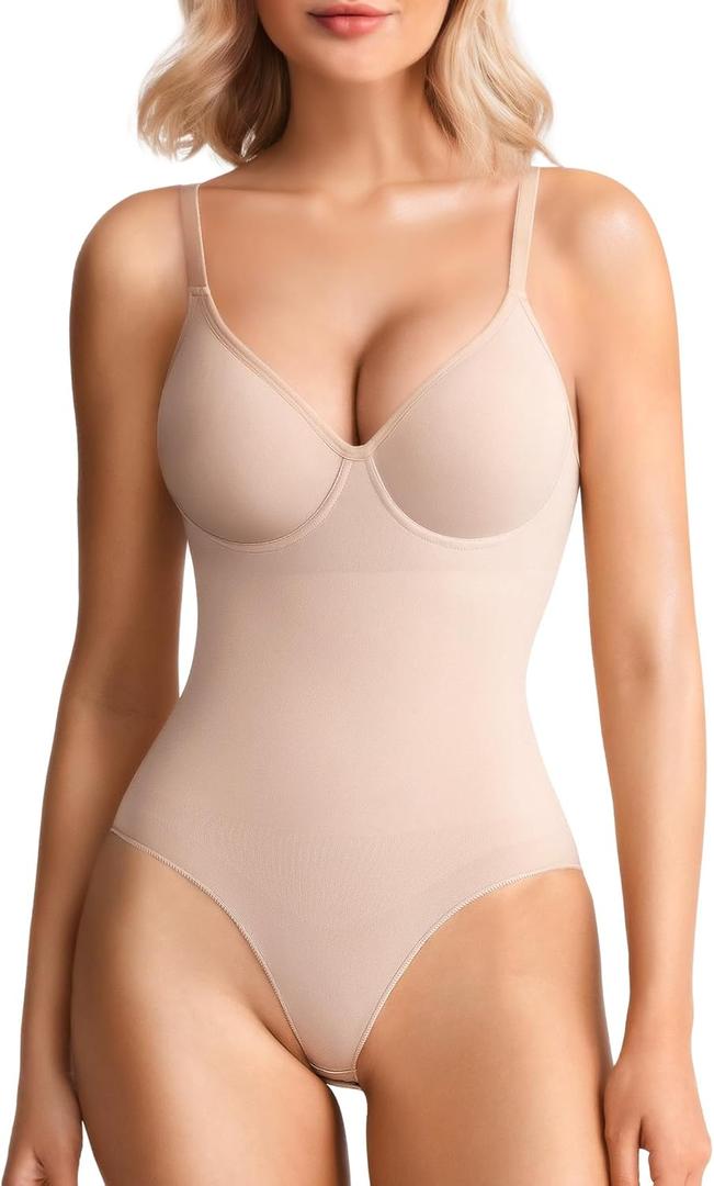 BRABIC Shapewear Bodysuits for Women Tummy Control Shapewear Seamless Deep V-Neck Body Shaper with Built-in Bra (Medium, Beige)