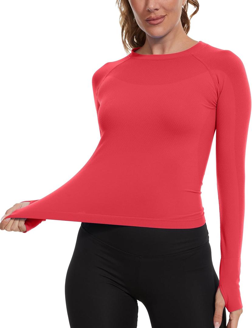 MathCat Seamless Workout Shirts for Women, Long Sleeve Workout Tops for Women, Yoga Sports Athletic Gym Tops (Medium, Red)