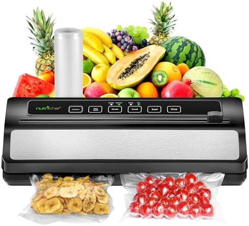NutriChef Food Vacuum Sealer Machine, Stainless Steel & ABS Body, Automatic Sealing System for Dry and Moist Foods, LED Touch Controls, Includes Bags, Hose & Roll Cutter, 110W Suction Power, 14"x6"