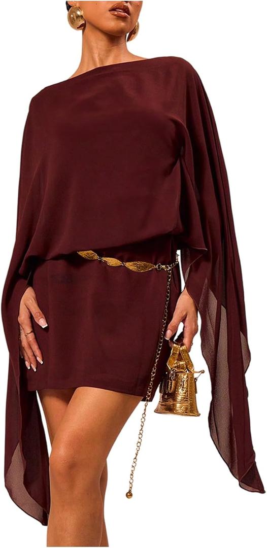 MakeMeChic Women's Boat Neck Cape Sleeve Mini Dress Ruched Bodycon Elegant Short Dresses (Brown)