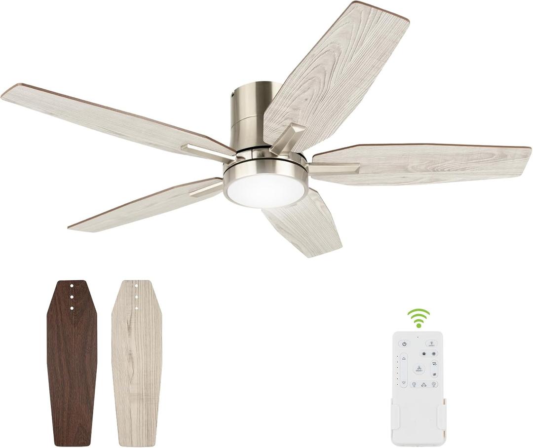 42" Flush Mount Ceiling Fan - 5 Blades Modern Ceiling Fan with Light for Living Room and Bedroom - Quiet DC Motor - Dimmable - Reversible Function - Light Wood Tone/Dark Brown