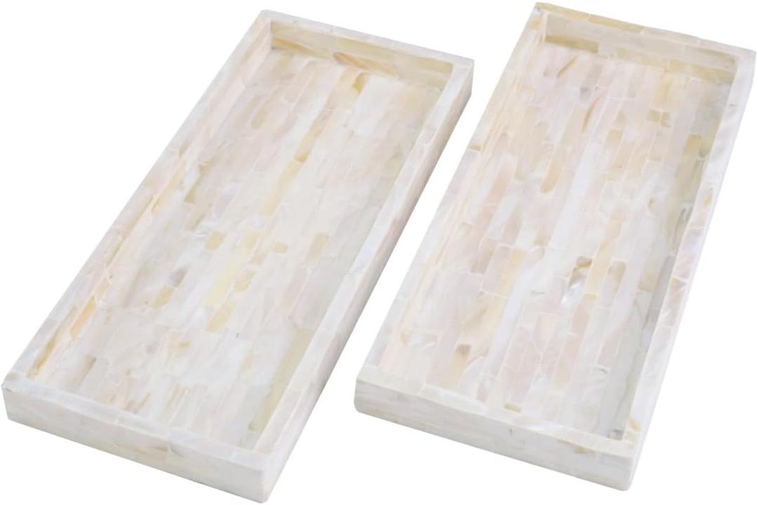 PEMAR Set of 2 Mother of Pearl Vanity Tray for Bathroom Counter, 11" Wooden Organisation Valet Tray for Perfume Makeup Bedroom Dresser Kitchen Sink Countertop Organizer, Toilet Tank (White Tiles)