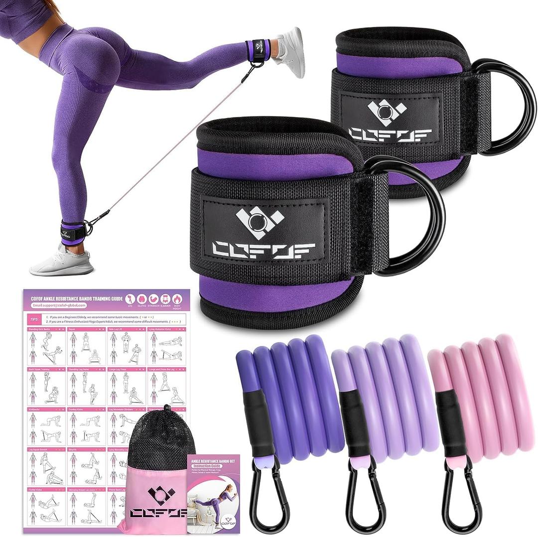 Ankle Resistance Bands With Cuffs for Working Out, Kickbacks, Hip, Leg and Glute Exercise - Training Poster Included - for Women (Purple)