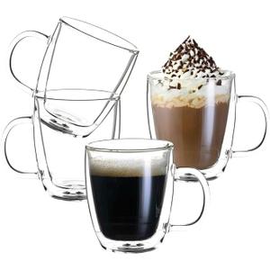 Double Wall Insulated Glass Coffee Mugs set of 4-13 oz Clear Hand Blown Glass Coffee Cups with Handle for Cappuccino, Latte,Espresso,Tea Bags,Americano,Beverages, Gifts for Christmas