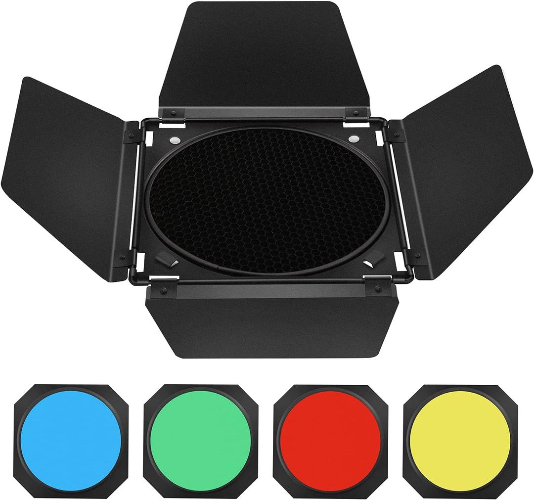 Godox BD-04 Barn Door & Honeycomb Grid &4 Color Gel Filters Compatible for Standard Reflectors Accessories kit