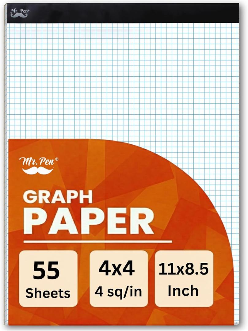 Mr. Pen- Graph Paper Pad 11"x8.5", 4x4 Quad-Ruled Graph Paper, 4 Squares per Inch, Grid Paper Pad, 11 Inch x 8.5 Inch, 55 Sheets, White
