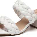 Athlefit Women's Braided Heeled Sandals Strappy Square Open Toe Heels Backless Mules Slip On Block Heels (6.5, White)