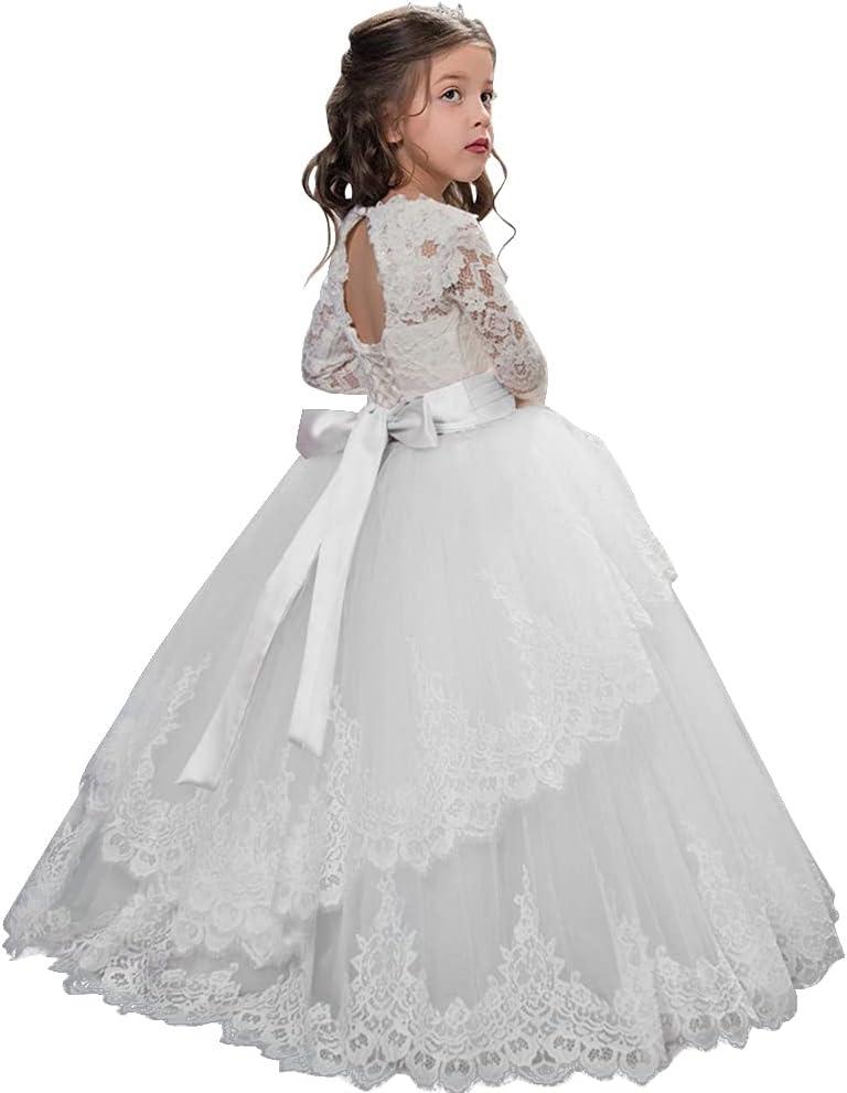 Vintage Princess Floral Lace Long Sleeves First Communion Dresses Flower Girls Dresses (Size 6, White)