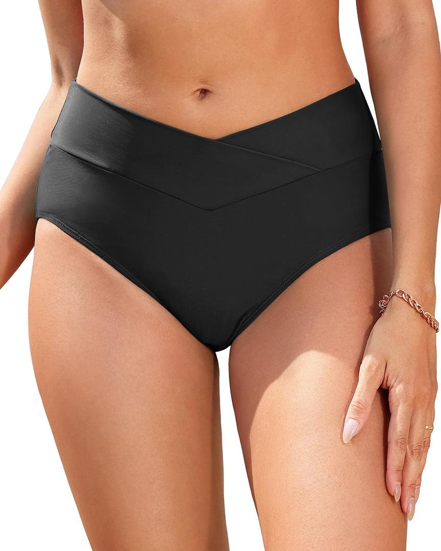 Women V Cut Full Coverage Bikini Bottom - High Waist Swim Bathing Suit Bottoms Cross V Front Swimsuit (Large, Black)