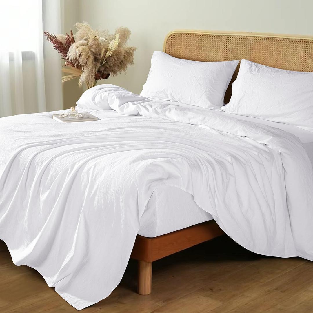 Shilucheng 100% French Linen Sheets - Queen Size Bed Sheets, Breathable & Cooling Pure Linen Sheets,Soft Durable and Tear Resistant -16 Inch Deep Pocket - 4Pcs (White, Queen)