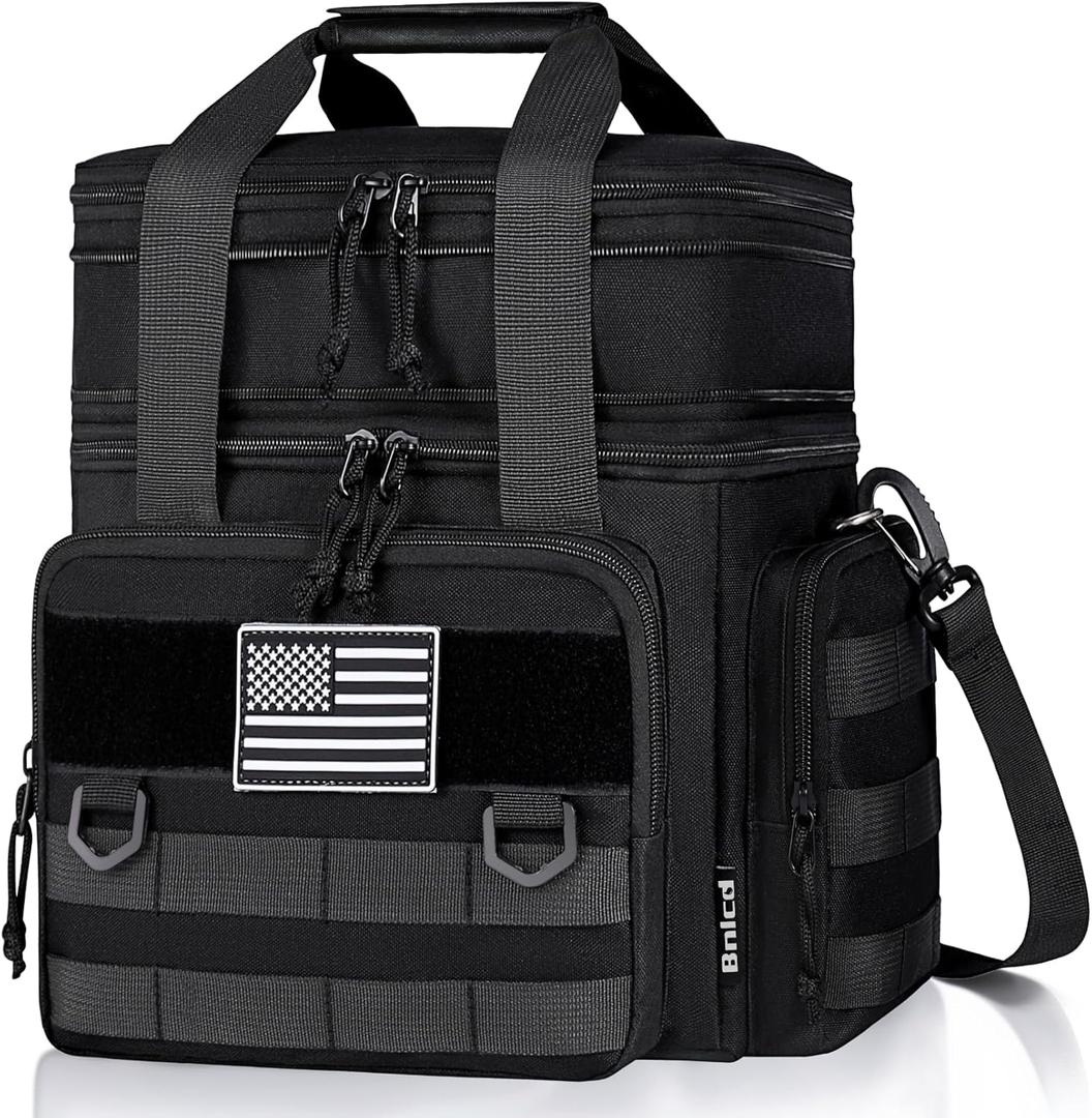Tactical Lunch Box for Men, Expandable Large Insulated Lunch Bag for Adult, Heavy Duty Double Deck Lunch Cooler Bag with Shoulder Strap, Leakproof Soft Lunch Pail with American Flag - Black (16L)