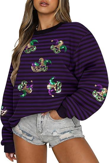 ASTANFY Womens Mardi Gras Sweatshirt Carnival Sequin Purple Sweater Masks Graphic Shirt Crewneck Long Sleeve Tops, Small