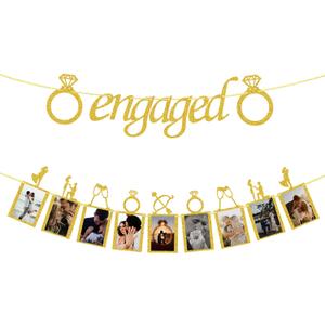 Engagement Wedding Decorations, Gold Engaged Banner and Photo Banner with Romantic Memories Picture Card Frames for Engaged/Wedding/Anniversary/Valentines Day Party