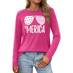 American Flag Shirts for Women 4th of July T Shirt USA Stars Stripes Patriotic Tops Casual Long Sleeve Tees (M)