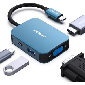 BENFEI USB C HUB 4-in-1, USB Type-C to HDMI VGA Adapter, USB C to USB Adapter, USB Type-C Power Delivery, Compatible with iPhone 15 Pro/Max, MacBook Pro/Air 2023, iPad Pro, iMac, S23, XPS 17 (Blue)