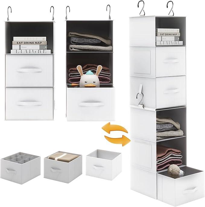 Twira 6Shelf Hanging Closet Organizer, 2 Separable 3Shelf Hanging Shelves, Hanging Storage with 3 Removanle Drawers 4 Side Pockets for Wardrobe, Nursery, Drom, Baby Clothes Organization White