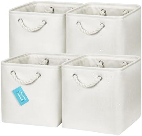 OrganiHaus 11x11 Cube Storage Bins 4 pack, Foldable Cube Storage Organizer w/ Rope Handles, Collapsible Fabric Bins for Toys, Clothes & Closet Organization, Fabric Square Baskets - Off-White