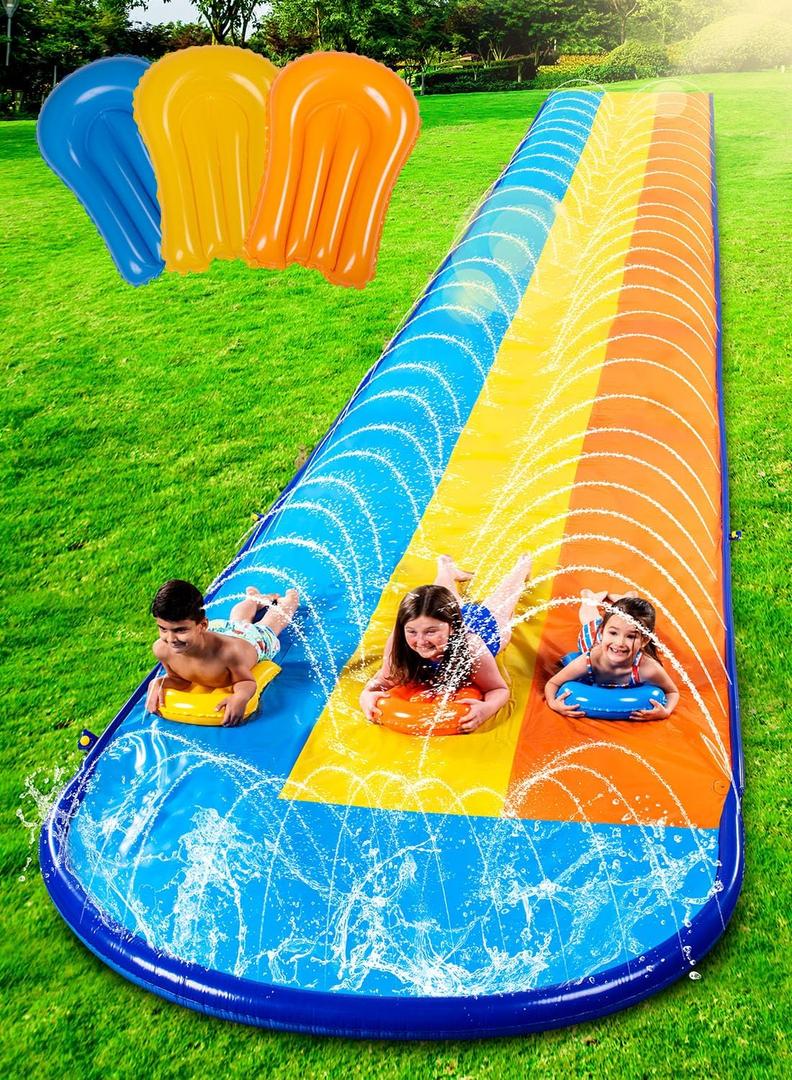 Sloosh Triple Water Slide with 3 BodyBoards, 22.5FT Lawn Water Splash Slip and Slide Summer Toy Splash Pad with Build in Advanced Sprinkler for Kids Adults Backyard Summer Water Fun