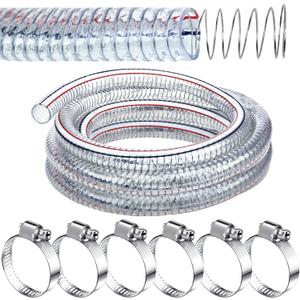 Frienda Heavy Duty Steel Wire Flexible Tubing with Fasteners PVC High Pressure Oil Drain Hose Tube Clear Wire Reinforced for Pond Marine Bilge Pump Garden Pool Vacuum Suction Hose(10 Ft, 3/4 Inch Id)