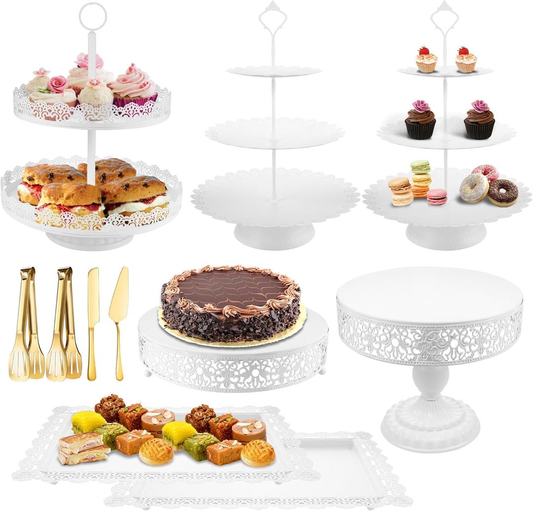 11 Pcs White Metal Cake Stand Set, Elegant Dessert Table Display Set for Party, Cupcake Stand & Candy Table Display Sets for Wedding, Birthday Celebration