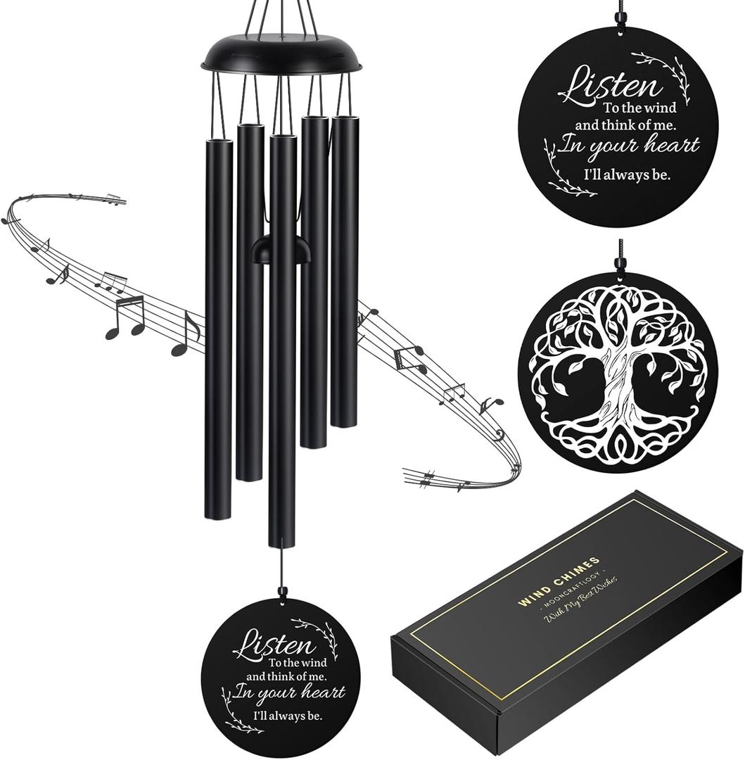 Sympathy Wind Chimes for Loss of Loved One, Memorial Windchimes for Lost Father Mother, Remembrance Bereavement Gift with Card, in Memory of Dad Mom Metal Funeral Decor for Garden Outdoor (39 Black)