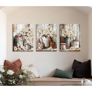 WENGTIAO 3Pcs Rustic Daisy Canvas Wall Art Fall Flower Prints Posters Vintage Country Flora Paintings Pictures Nature Botanical Artwork for Bedroom Living Room Bathroom 16x24''