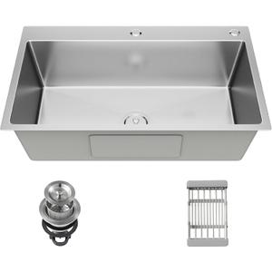 24-inch Single Bowl Kitchen Sink, Drop-in/Top-Mount Stainless Steel with Nano Coating, Includes Drain Kit & Fruit Basket, 24"x18"x8"