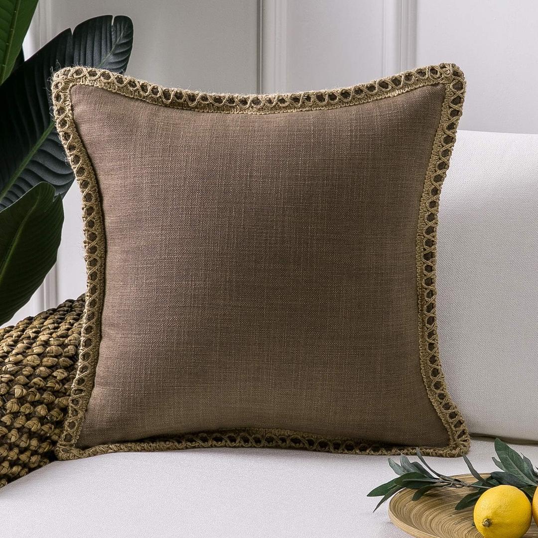 Phantoscope Farmhouse Solid Throw Decorative Pillow Cover Burlap Linen Trimmed Tailored Edges Outdoor Pillow Coffee 18 x 18 inches, 45 x 45 cm