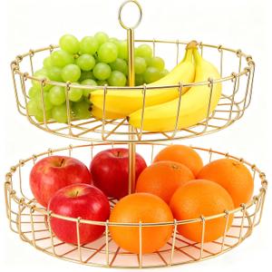 Kuuleyn Tiered Fruit Bowl, 2 Tier Gold Fruit Basket, Golden Fruit Basket Iron Round Golden Nordic Household Snack Storage Tray For Party Desktop Kitchen