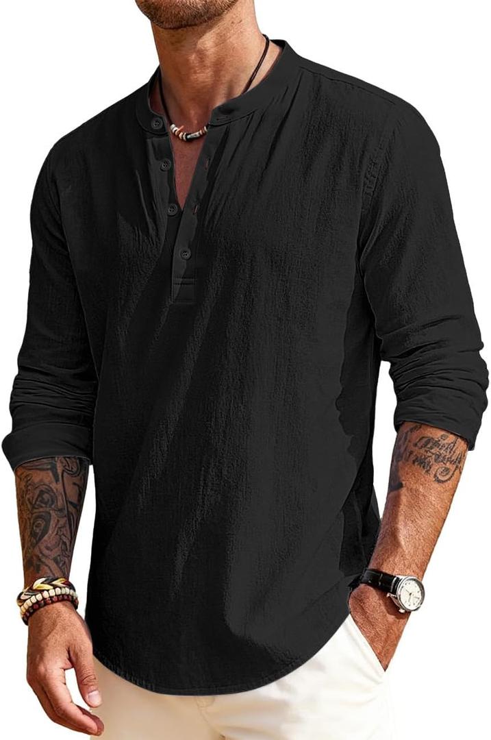 Men's Linen Shirts Henley T-Shirts Long Sleeve Casual Beach T-Shirts Solid Tops Shirts for Men (X-Large, Black)