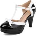 ForeMode Bow Mary Jane Shoes High Heels Closed Round Toe Pumps Leather Summer Sweet Shoe 9