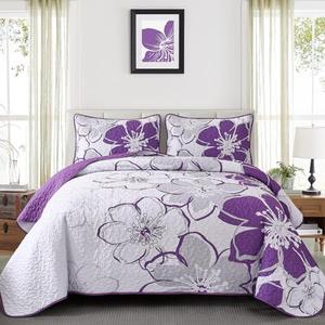 Luxudecor Floral Quilt Set King Size 3 Pieces Purple Flower Bedspread with Pillow Shams Lightweight Soft Microfiber Bed Cover for All Seasons 108" x 92"