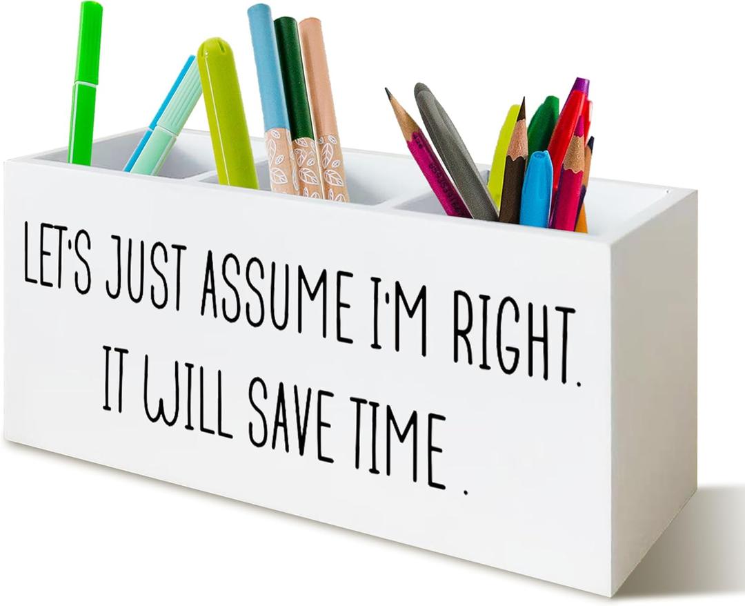 2 x Boss's Day Gifts, Funny Desk Pen Holder Boss Gifts for Women, Let's Just Assume I'm Right Wooden Pen Pencil Holder Organizer for Office Desk Accessories