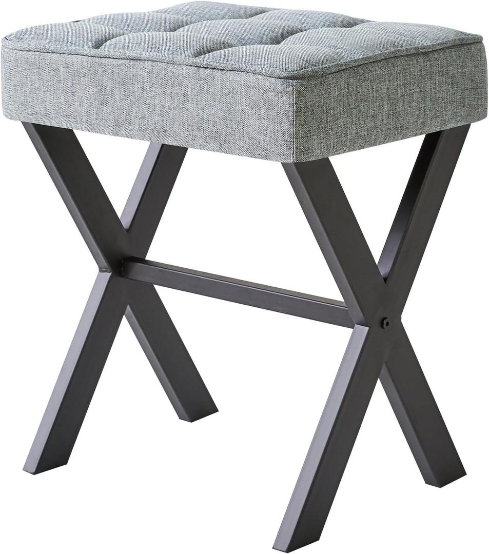 IBUYKE Square Makeup Stool with X-Leg Foot Rest, Linen Footrest, Ottoman Seat, Multi-Use as Small Side Table, for Bedroom, Living Room, Blue Gray LG-70L (17.72"-Linen)