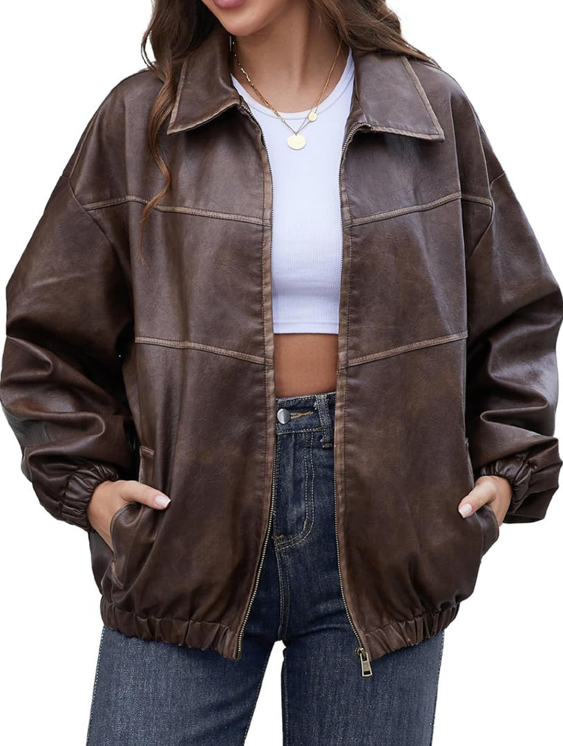 Bakyarder, Womens Oversized Y2K Faux Leather Jackets Vintage Plus Size Fashion Motorcycle Coats Fall Fashion Outfits 2024 Size M