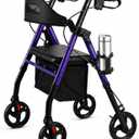 Rollator Walker with Seat, Foldable Lightweight Walkers for Seniors 4 Wheel Heavy-Duty Bariatric Rolling Walker 8'' Big Wheels Locking Brakes All Terrain Adjustable Handles 350 lb Capacity, Purple