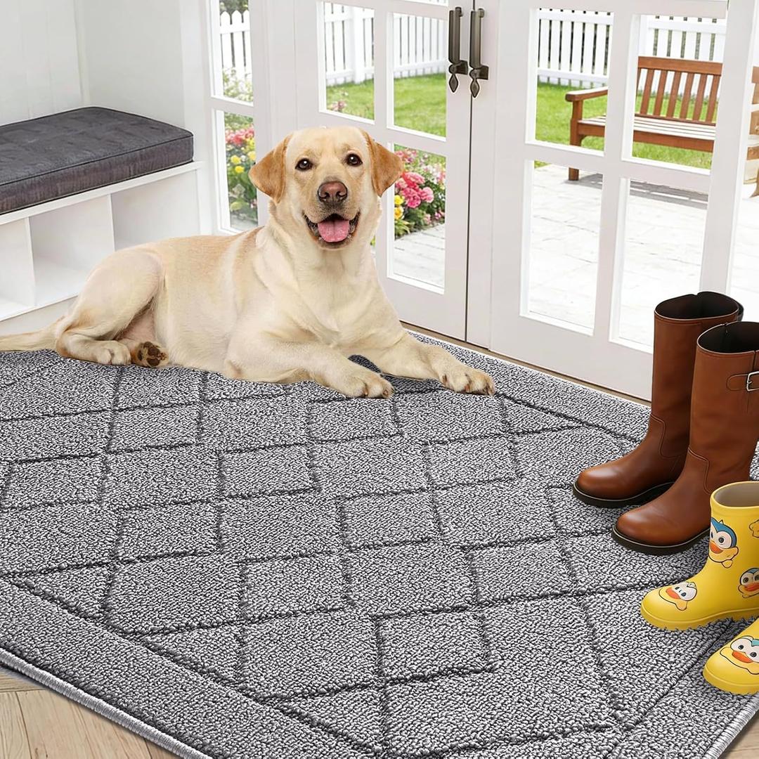 REFETONE Indoor Doormat, Front Back Door Mat 32"x40" Rubber Backing Non Slip Mats, Absorbent Washable Entrance Doormat for Entryway, Resist Dirt Low-Profile Inside Floor Mat for Muddy Shoes Light Grey