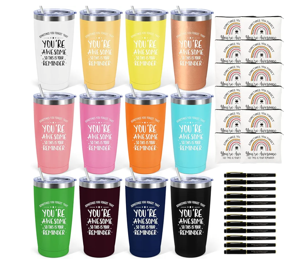 12 Set Employee Appreciation Gifts Bulk, Christmas Gifts for Coworkers Teachers Nurses, 20 OZ Inspirational Stainless Steel Tumbler Makeup Bags Pen Thank You Gift For Women Men Team Staffs