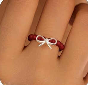 925 Sterling Silver Dainty Bow Knot Beads Ring for Women Mom with Pearl Black Red Agate Cute Jewelry to Daugther Elastic Adjustable Stacking Elegant Trendy Finger White Bow Ring Wedding Christmas Gift
