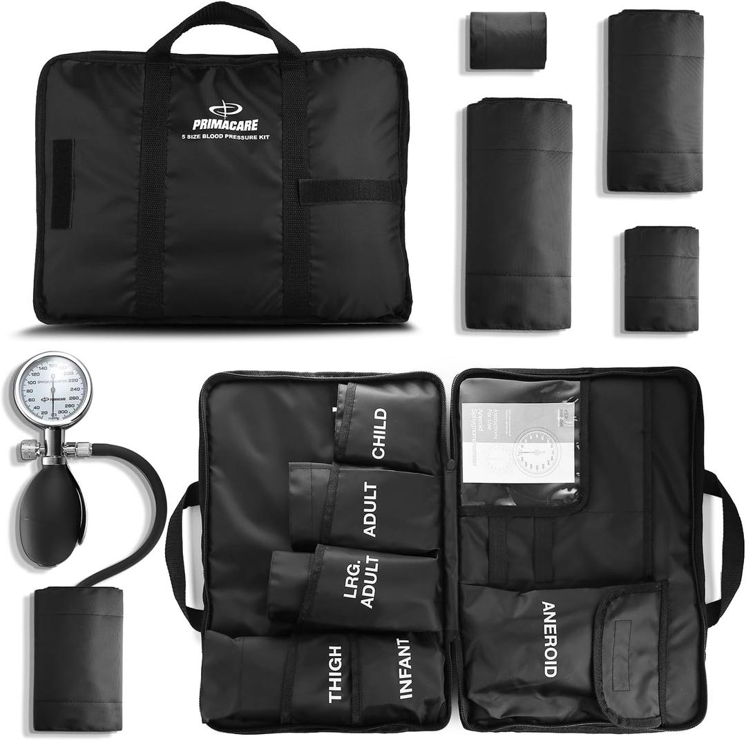 Primacare DS-9185 Aneroid Sphygmomanometer and Blood Pressure Cuff Set with Portable Case, 5 Sized Nylon Cuffs with Deflation Valve, BP Cuff Manual Kit for Infant, Child, Adult, Large Adult, Thigh (All Sizes Included)