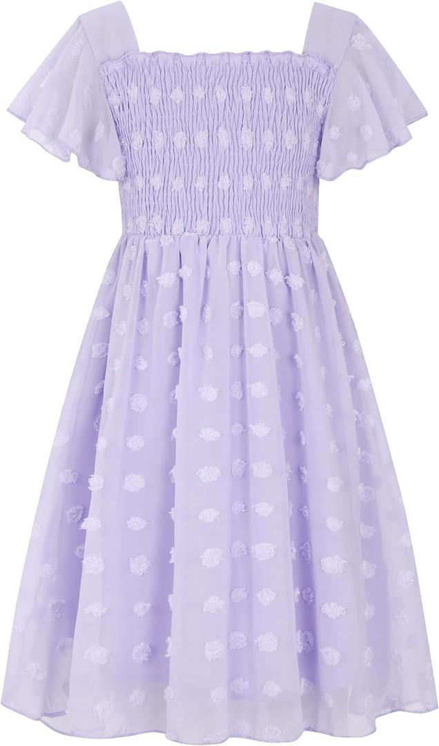 Solid Purple Flared Sleeve Flower Dress for 10 11 Years Old Girls Chiffon Flowy Skirts Square Neck Dresses Size 10-11 Big Girl Swing Midi Dress Classy Bridesmaid Frocks