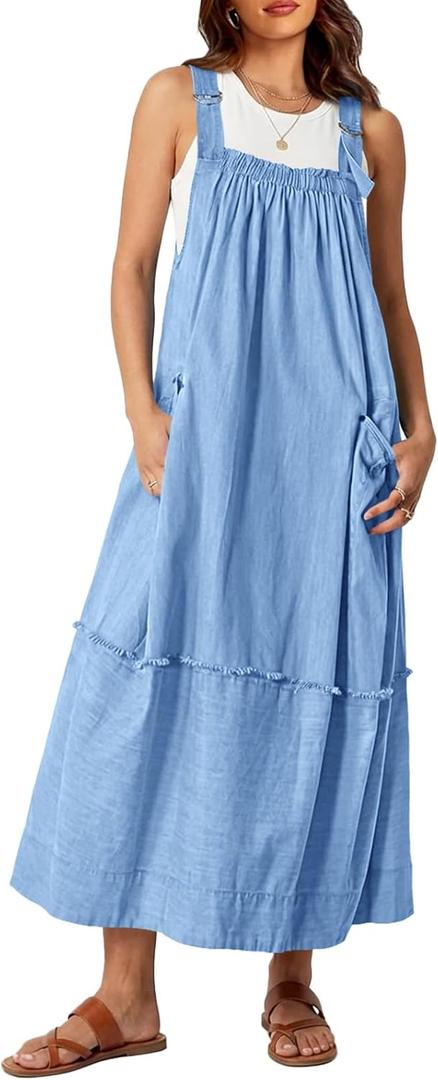 Cicy Bell Women's Denim Overall Dress Casual Adjutable Strap Back Drawstring Loose Jumper Bib Maxi Dresses with Pockets S